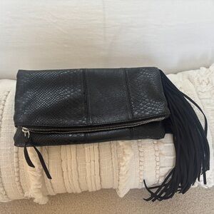 Express Black Textured Clutch with Fringe